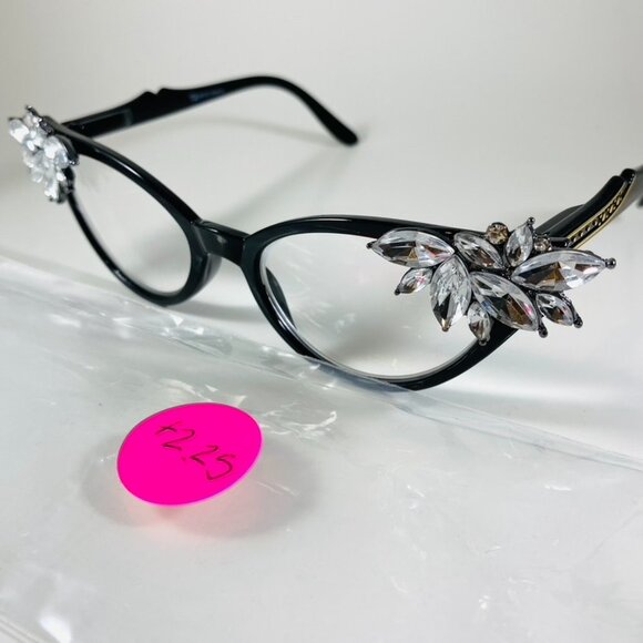 Retro Readers black frames with Clear Crystal rhinestones +2.25 reading glasses main image 4